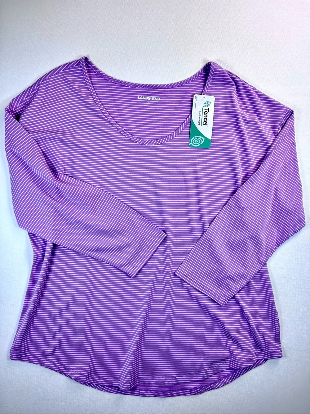 Lands’ End Purple Striped U Neck 3/4 Sleeve Jersey Shirttail Tee Top Large New